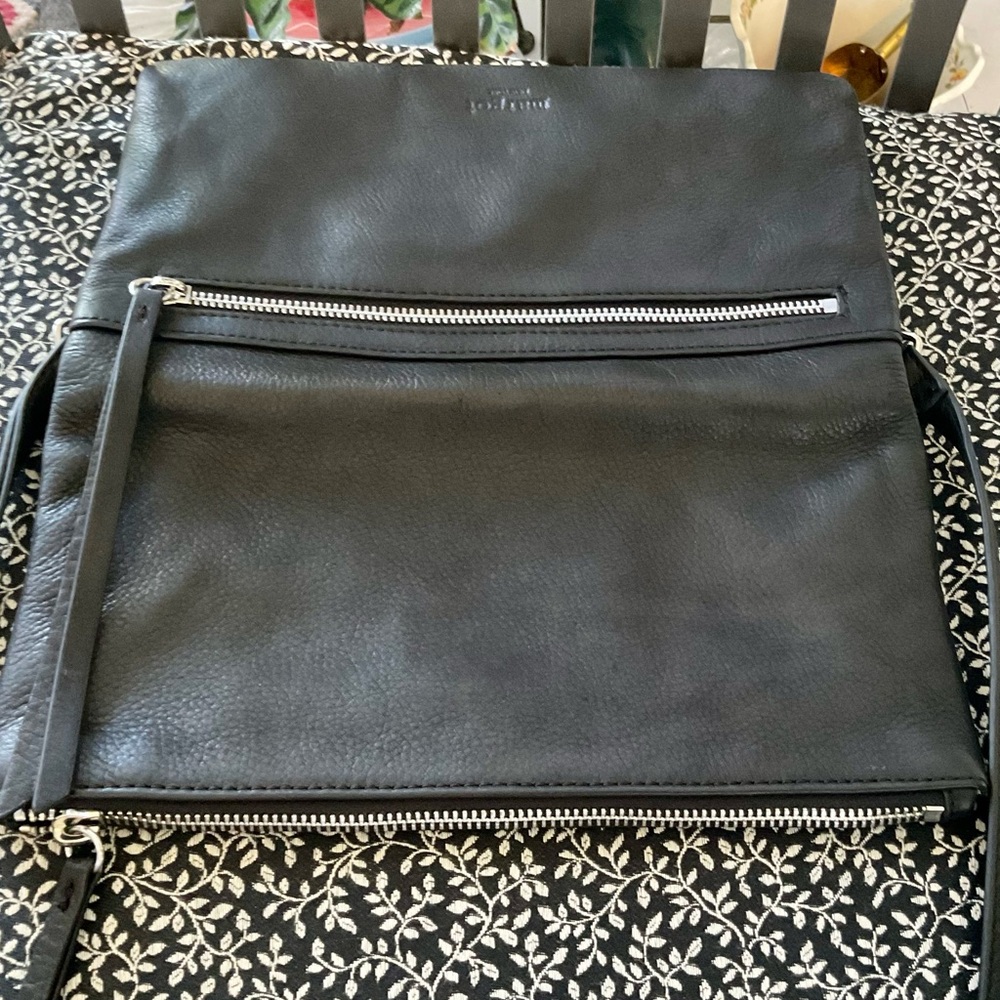 MARGOT PEBBLED LEATHER FOLD OVER BAG MULTIPLE ZIPPERS ADJUST CROSSBODY STRAP